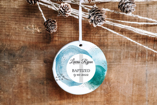 Personalized Baptism Ornament - Blue and Green - Made Simple Designs