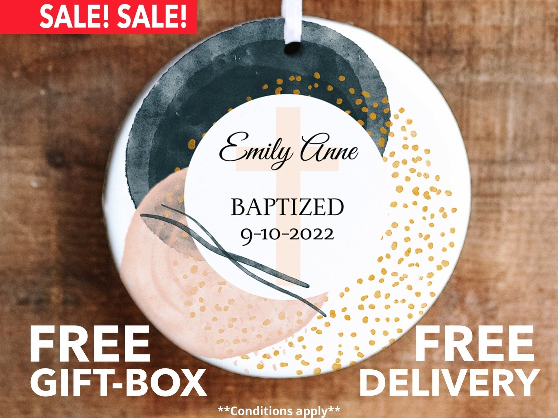 Personalized Baptism Ornament - Pink, Gold, and Blue - Made Simple Designs