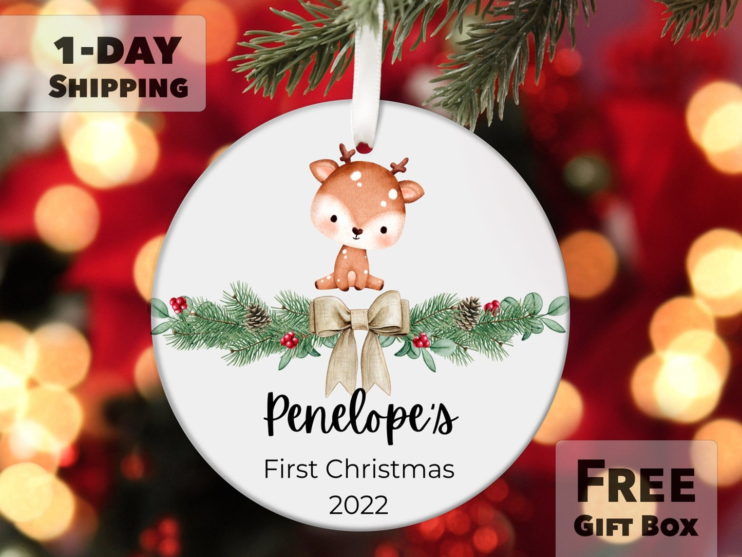 Personalized First Christmas Deer Ornament - Made Simple Designs