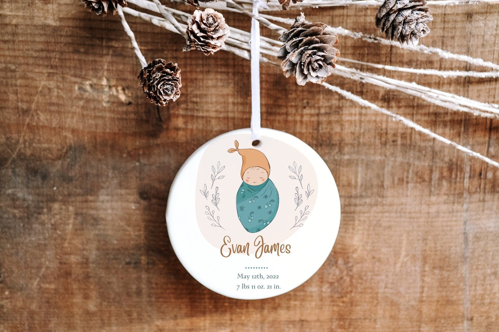 Personalized First Christmas Ornament - Swaddled Baby - Made Simple Designs