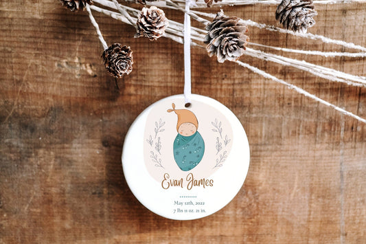 Personalized First Christmas Ornament - Swaddled Baby - Made Simple Designs