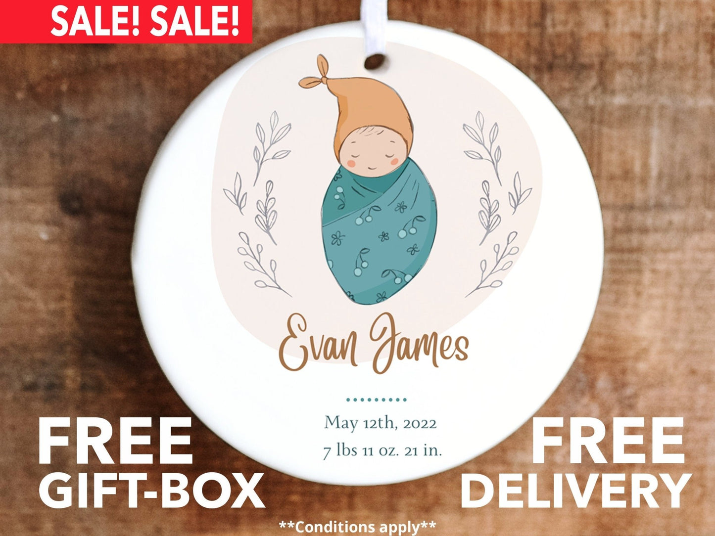 Personalized First Christmas Ornament - Swaddled Baby - Made Simple Designs