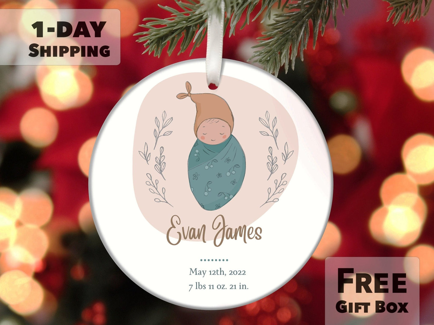 Personalized First Christmas Ornament - Swaddled Baby - Made Simple Designs