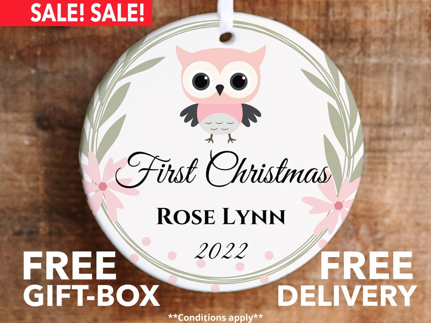 Personalized First Christmas Owl Ornament - Light Pink Owl - Made Simple Designs