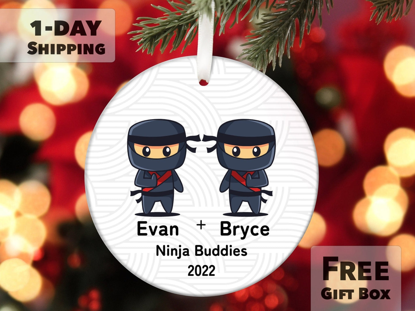 Personalized Ninja Ornament - Two Cartoon Ninja Friends - Made Simple Designs