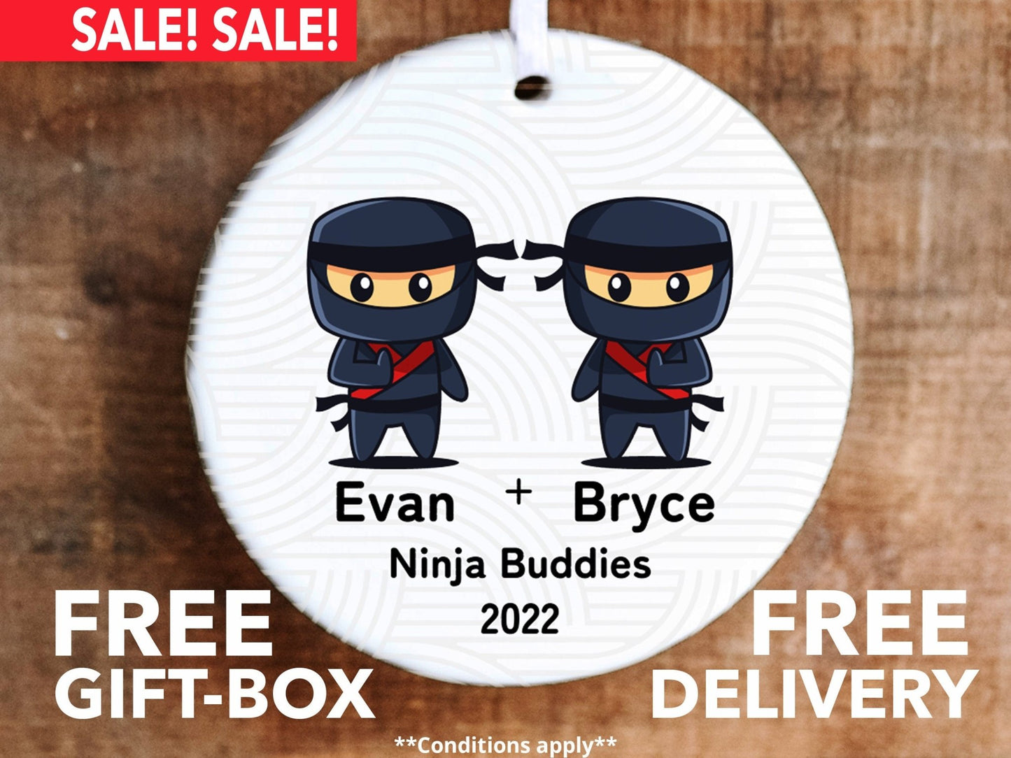 Personalized Ninja Ornament - Two Cartoon Ninja Friends - Made Simple Designs