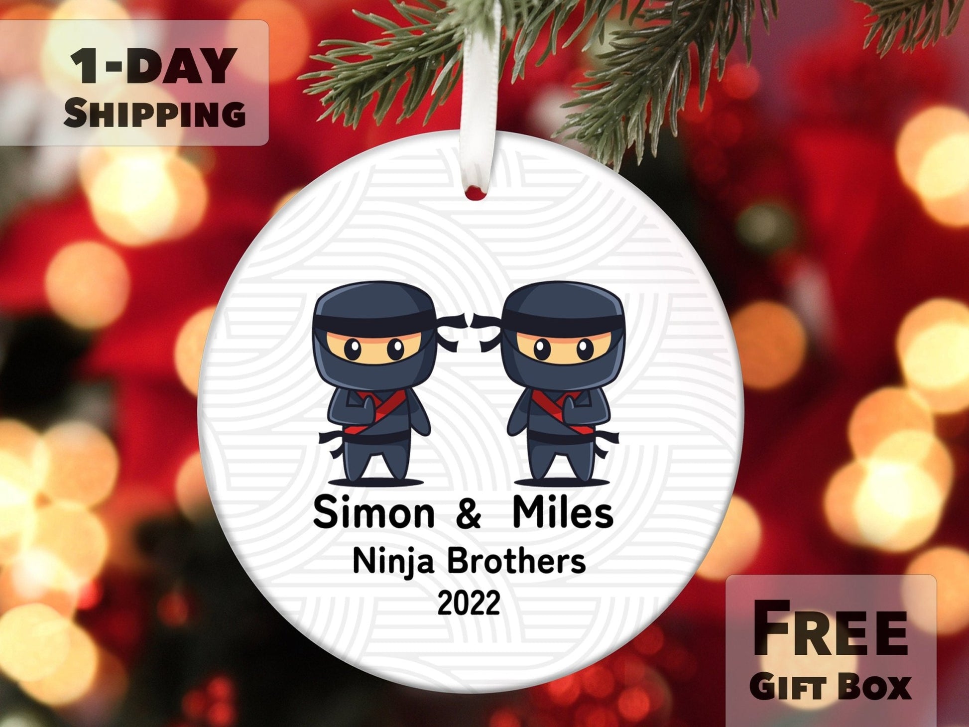 Personalized Ninja Ornament - Two Cartoon Ninja Friends - Made Simple Designs