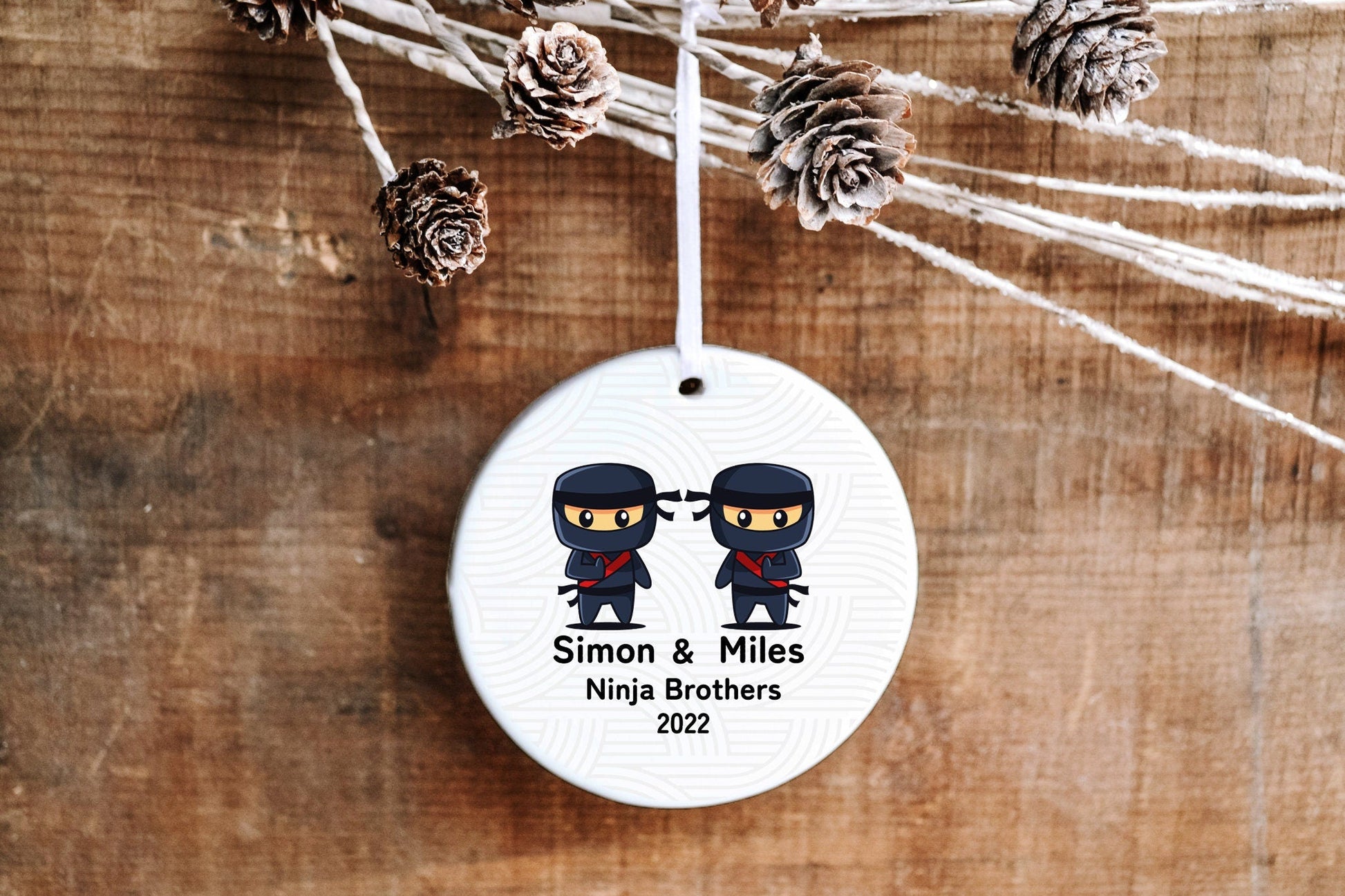 Personalized Ninja Ornament - Two Cartoon Ninja Friends - Made Simple Designs