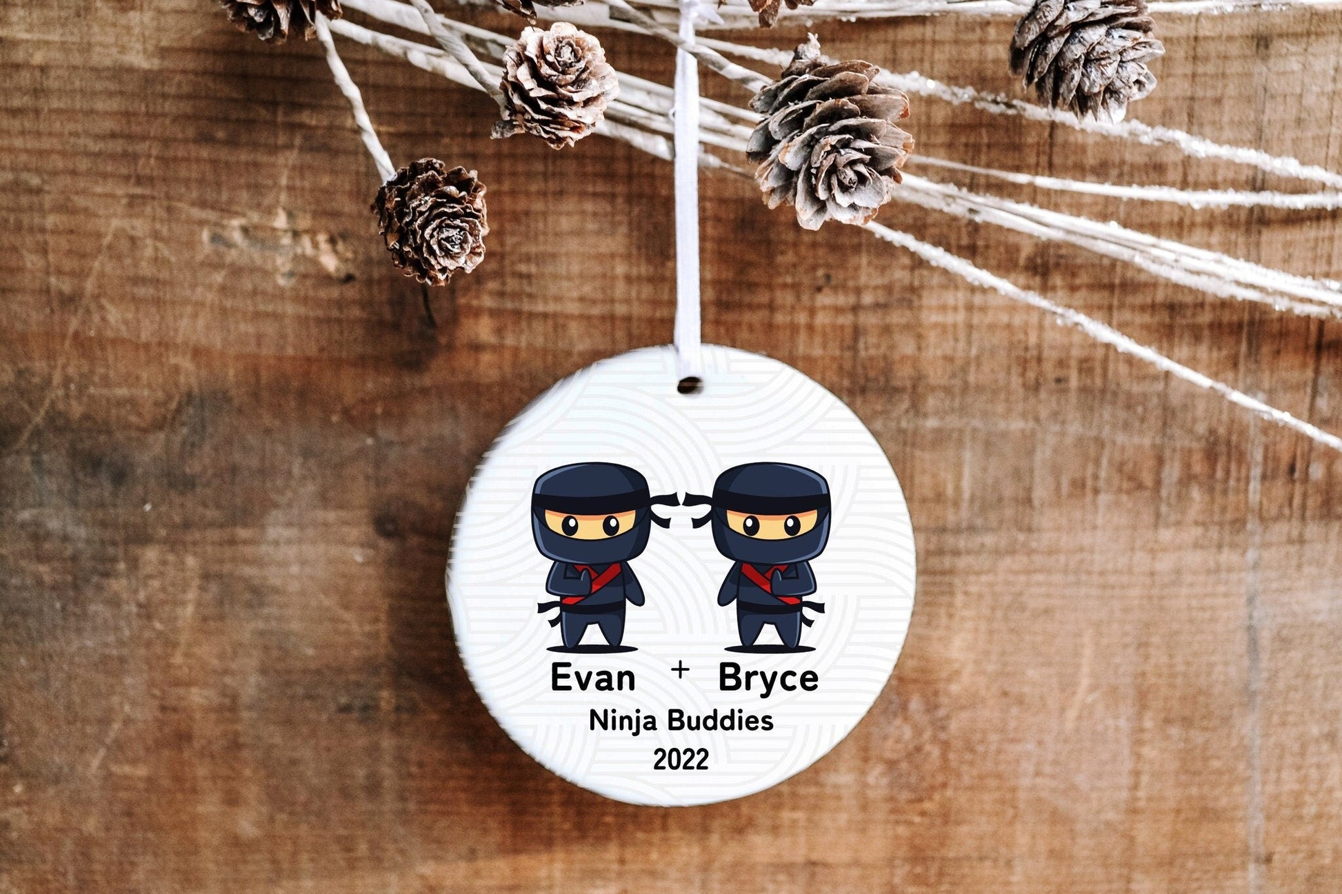 Personalized Ninja Ornament - Two Cartoon Ninja Friends - Made Simple Designs