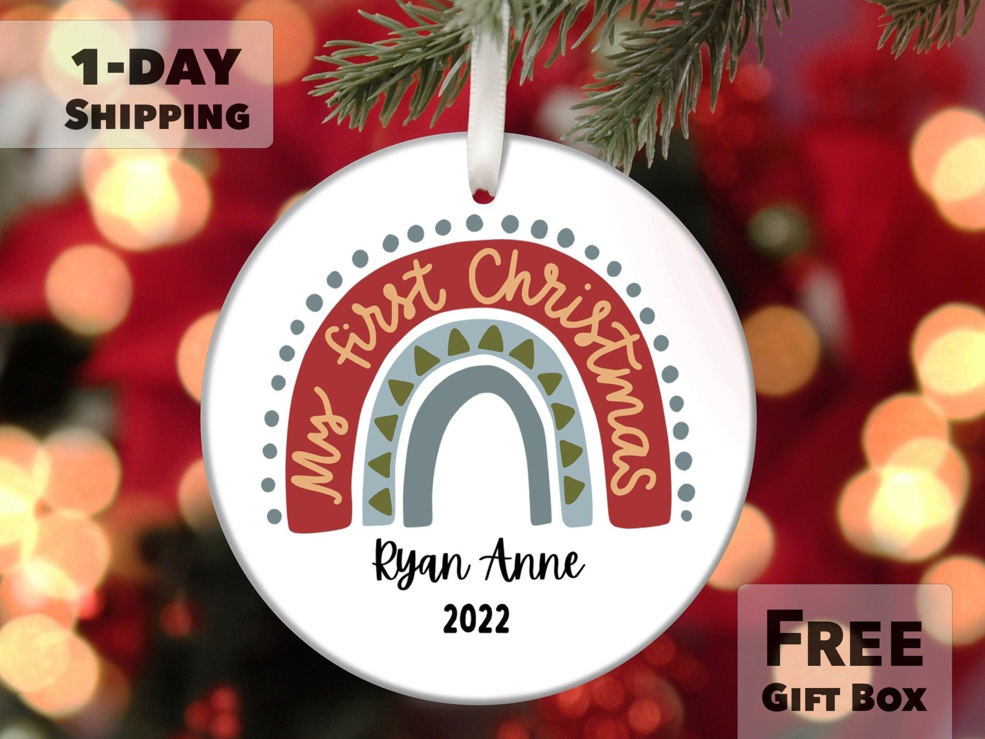 Personalized Rainbow First Christmas Ornament Boy - Made Simple Designs