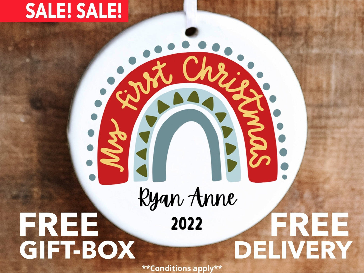 Personalized Rainbow First Christmas Ornament Boy - Made Simple Designs